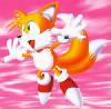 Tails flies through the pink sky